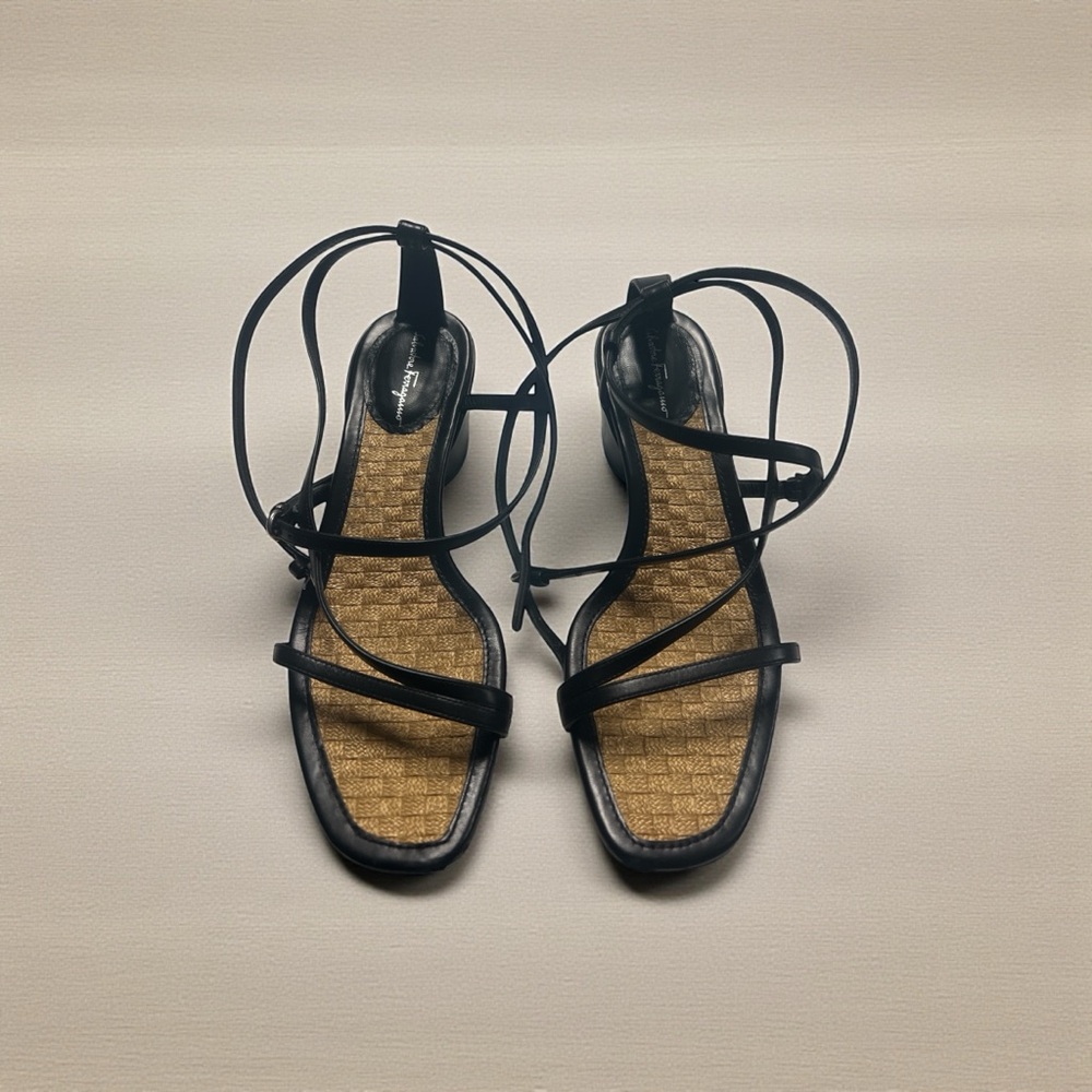 Authentic Salvatore Ferragamo Black and Tan Strappy Sandals